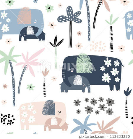 Seamless pattern with cute mom and baby elephant, palm trees and flowers. Creative childish texture. Great for fabric, textile Vector Illustration 112833220