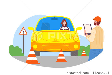 Drive exam illustration. Student riding car on parking road 112833221