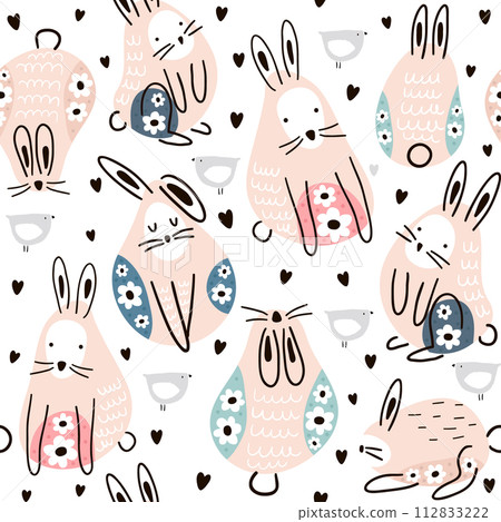 Seamless childish pattern cute rabbits with floral elements on body. Creative kids texture for fabric, wrapping, textile, wallpaper, apparel. Vector illustration 112833222