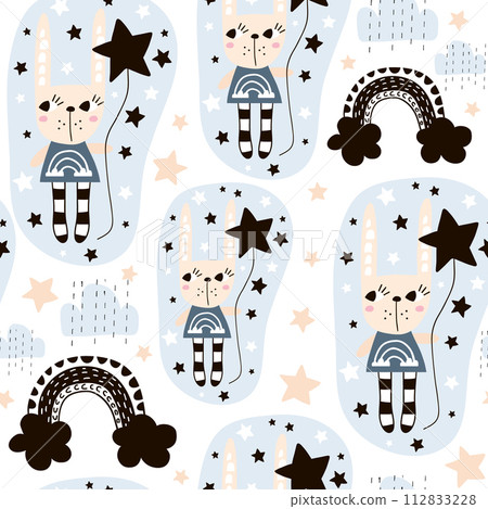 Seamless pattern with cute rabbit girl, rainbow, stars, balloons. Creative childish background. Perfect for kids apparel,fabric, textile, nursery decoration,wrapping paper.Vector Illustration 112833228