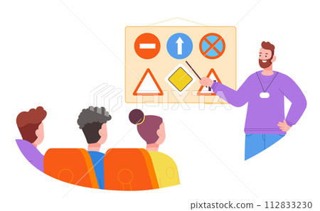 Driving school training. Traffic road sign lesson 112833230