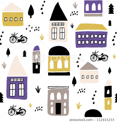 Seamless childish pattern with hand drawn houses. Creative kids city texture for fabric, wrapping, textile, wallpaper, apparel. Vector illustration 112833233
