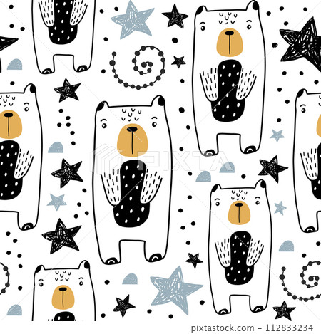 Seamless childish pattern with hand drawn cute bears and stars. Creative kids texture for fabric, wrapping, textile, wallpaper, apparel. Vector illustration 112833234