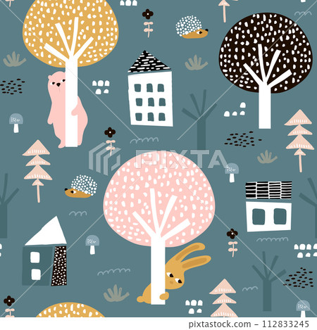 Seamless pattern with bunny, bear, hedgehog and floral elements, branches. Creative woodland background. Perfect for kids apparel,fabric, textile, nursery decoration,wrapping paper.Vector Illustration 112833245