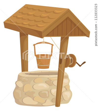 Cartoon farm well icon. Stone and wooden water source 112833323