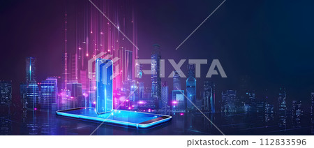 Smartphone with a hologram on the background of the city. 3d rendering 112833596
