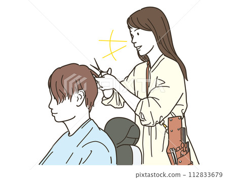 亞洲女理髮師為男性顧客剪頭髮 112833679