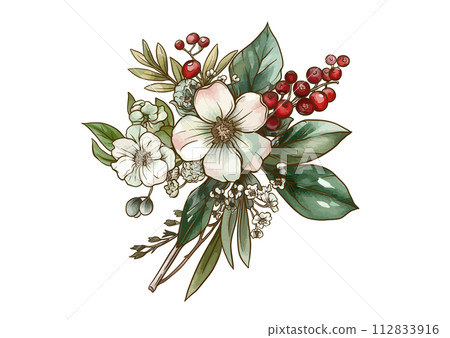 Boutonniere of wild rose flowers and berries Boutonniere of wild rose flowers and berries 112833916