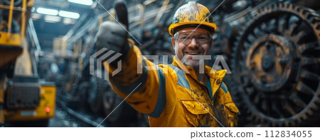 AI-generated content. Confident miner with a thumbs up in a coal mine, showcasing safety and work satisfaction 112834055