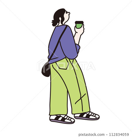 Line drawing vector of a woman holding coffee and looking up 112834059