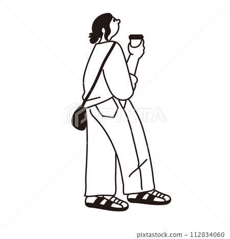 Line drawing vector of a woman holding coffee and looking up 112834060