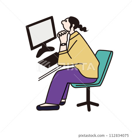 Line drawing vector of a woman thinking while looking at a computer Line drawing vector of a woman thinking while looking at a computer 112834075