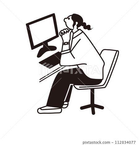 Line drawing vector of a woman thinking while looking at a computer Line drawing vector of a woman thinking while looking at a computer 112834077