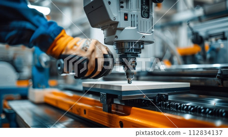 AI-generated content. Over-the-shoulder view of an industrial worker operating CNC machinery 112834137