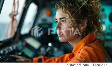 AI-generated content. Focused fisherwoman navigating boat with modern marine technology 112834149