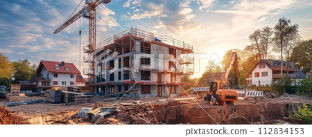 AI-generated content. Modern crane lifting materials at a residential construction site during sunset 112834153