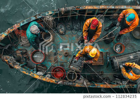 AI-generated content. Fishermen in action on a rustic boat, preparing gear and nets for the catch 112834235