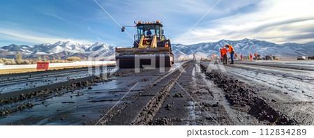 AI-generated content. Road construction crew paving a new road with machinery in action AI-generated content. Road construction crew paving a new road with machinery in action 112834289