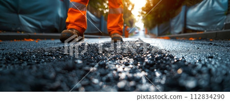 AI-generated content. Road construction workers in action paving fresh asphalt during sunset 112834290