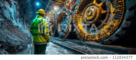 AI-generated content. Industrial coal mining machinery with a worker in reflective clothing for safety 112834377