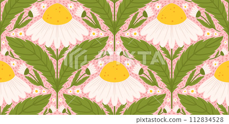 Seamless pattern with daisy flower. Chamomile repeated surface design on light pink girly background Seamless pattern with daisy flower. Chamomile repeated surface design on light pink girly background 112834528