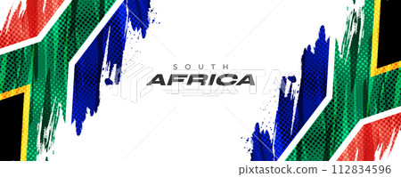 South Africa Flag with Brush Paint Style and Halftone Effect. South Africa Flag Background with Grunge Concept 112834596