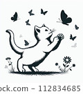 Silhouette illustration of a kitten playing with butterflies 112834685