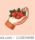 Illustration of a hand holding harvested strawberries 112834686