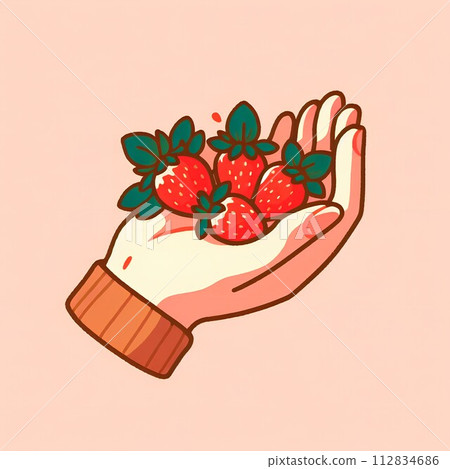 一隻手拿著收穫的草莓的插圖 112834686