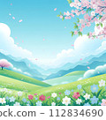 Landscape illustration with green meadow and cherry blossoms 112834690