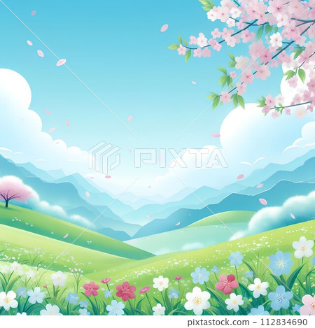 Landscape illustration with green meadow and cherry blossoms 112834690