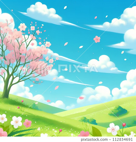 春天草地風景的插圖，櫻花舞動，藍天 112834691