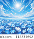 Illustration of a nemophila field in full bloom against the blue sky 112834692