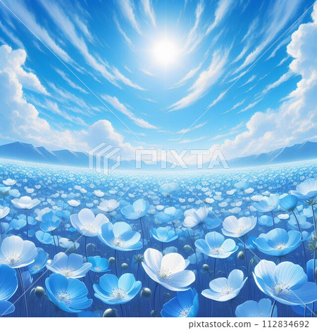 Illustration of a nemophila field in full bloom against the blue sky 112834692