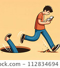A sideways person looking down at his smartphone while walking and about to fall into a hole 112834694