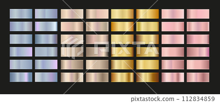 Gold rose, silver, holographic, bronze and golden foil texture gradation set. Vector shiny hologram and metallic gradient collection 112834859