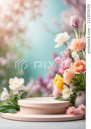 Podium for demonstration and montage of product with delicate floral spring decor. Spring time background, blooming, birthday, March 8, Easter, women's day, wedding. Copy space. AI generated 112835016