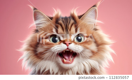 The cat looks with big eyes, is surprised and indignant, meows. cyclic rendering 112835057
