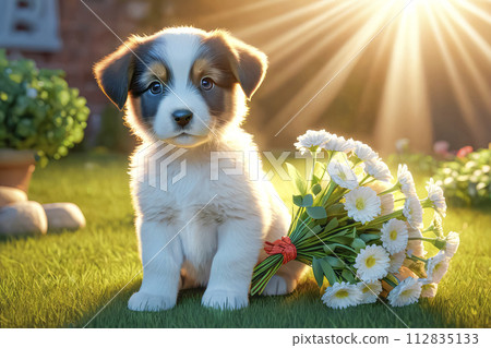 Cute touching puppy asks for forgiveness and gives flowers 112835133