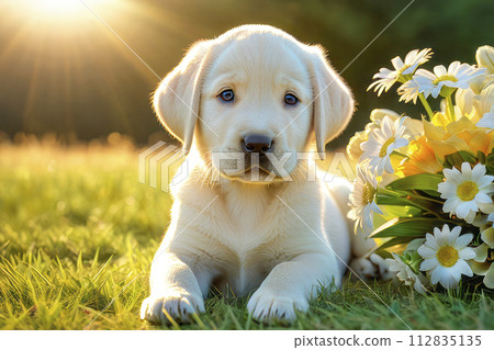 Cute touching puppy asks for forgiveness and gives flowers 112835135