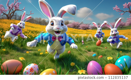 A cute and very cheerful Easter bunny runs along a green lawn, surrounded by Easter eggs and sweets A cute and very cheerful Easter bunny runs along a green lawn, surrounded by Easter eggs and sweets 112835137