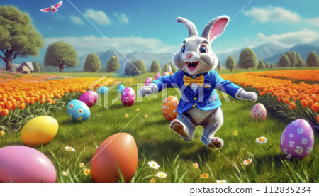 A cute and very cheerful Easter bunny runs along a green lawn, surrounded by Easter eggs and sweets 112835234