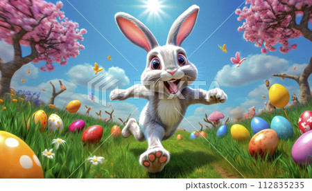 A cute and very cheerful Easter bunny runs along a green lawn, surrounded by Easter eggs and sweets 112835235