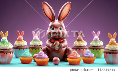 Easter treats, sweets, Easter eggs and a chocolate bunny 112835245