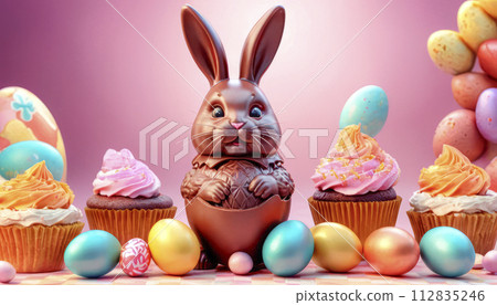 Easter treats, sweets, Easter eggs and a chocolate bunny 112835246