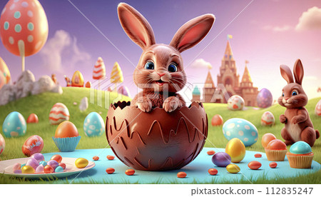 Easter treats, sweets, Easter eggs and a chocolate bunny Easter treats, sweets, Easter eggs and a chocolate bunny 112835247