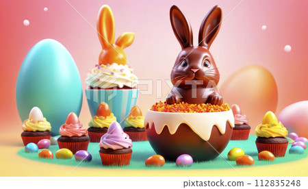 Easter treats, sweets, Easter eggs and a chocolate bunny Easter treats, sweets, Easter eggs and a chocolate bunny 112835248