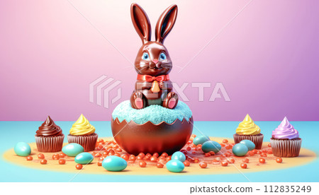 Easter treats, sweets, Easter eggs and a chocolate bunny Easter treats, sweets, Easter eggs and a chocolate bunny 112835249
