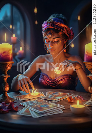 A beautiful mysterious fortune teller with piercing eyes predicts fate on a magic ball A beautiful mysterious fortune teller with piercing eyes predicts fate on a magic ball 112835280