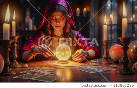 A beautiful mysterious fortune teller with piercing eyes predicts fate on a magic ball A beautiful mysterious fortune teller with piercing eyes predicts fate on a magic ball 112835289
